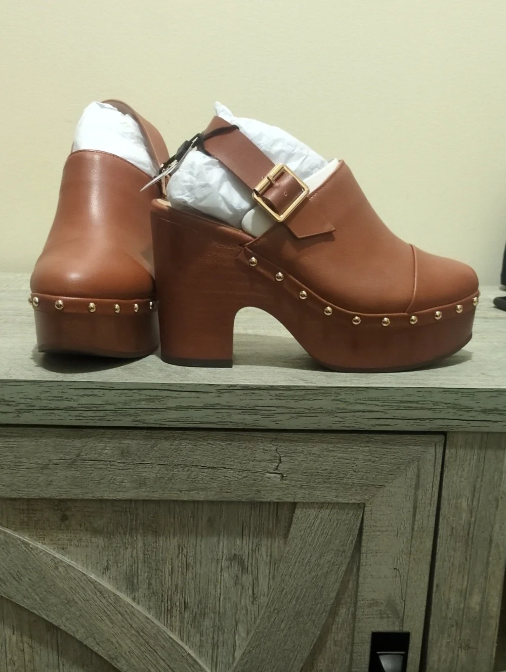 LOFT Tan Brown Studded Platform Clog Heels